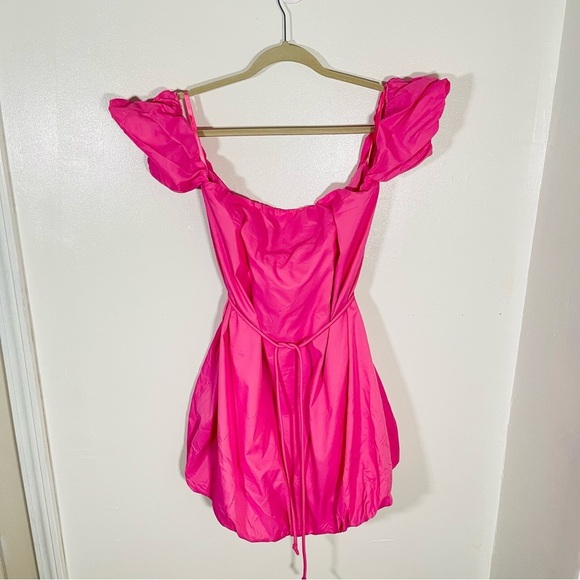 NEW STAUD Ash Bubble Hem Belted Mini Dress Pink - Picture 2 of 10